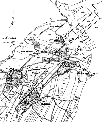 výřez z mapy z r. 1900: Dolové míry Václav (Wenzl) a Klára (Clara) ve Svaté