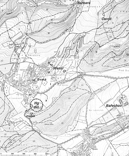 mapa: Pravděpodobná lokalizace rtuťového dolu z 18. století u Svaté