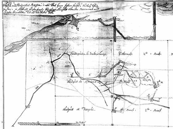 Výřez z důlní mapy rtuťových dolů u Svaté (J. Ch. Fischer, 1754)